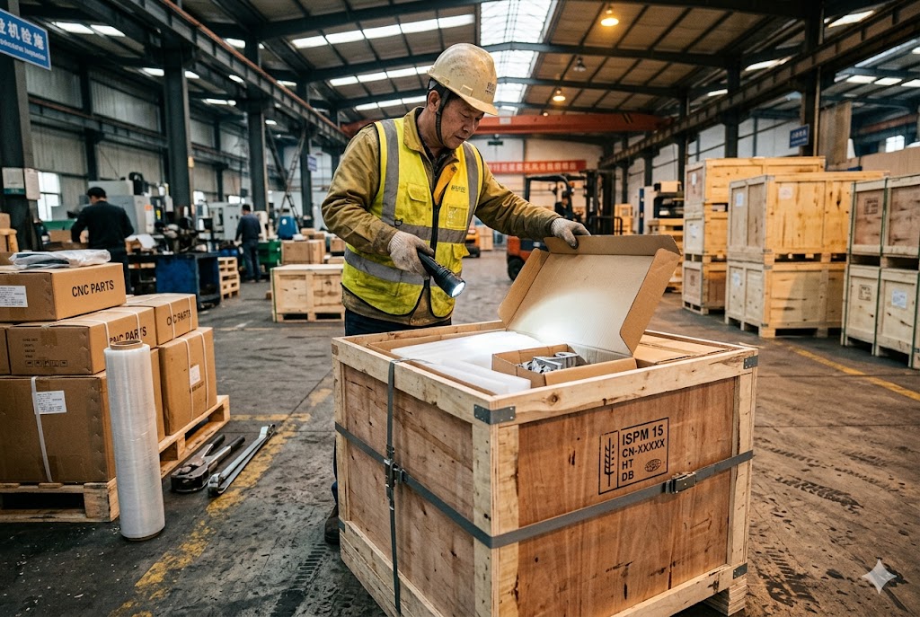 Export Crate Quality Inspection Pre-shipment quality inspector checking CNC parts in ISPM15 export wooden crate (ID#4)