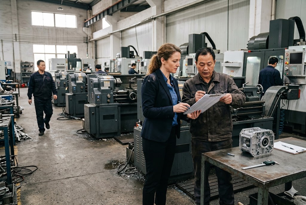 China Factory Audit Visit Supplier audit: buyer and factory manager reviewing custom mechanical parts checklist (ID#4)