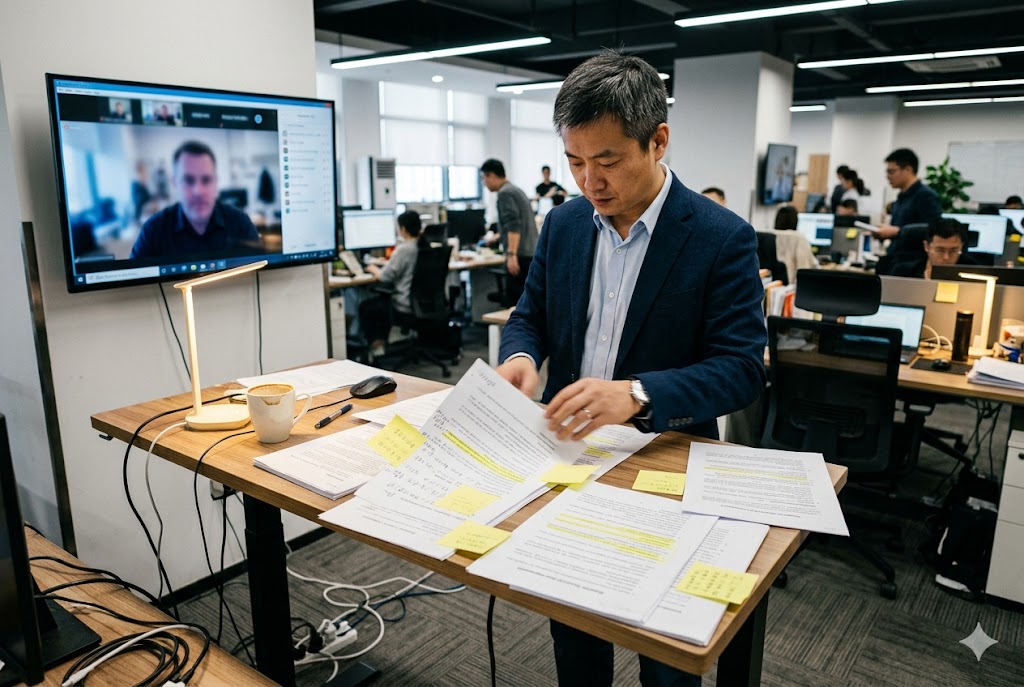 Global Supply Chain Management China-based supply chain manager reviewing export order documents during international video call (ID#4)