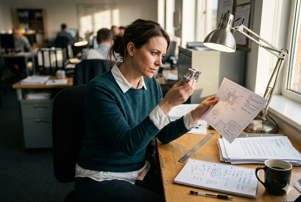 Parts Drawing Verification Purchasing manager comparing custom mechanical part against engineering drawing specs (ID#4)