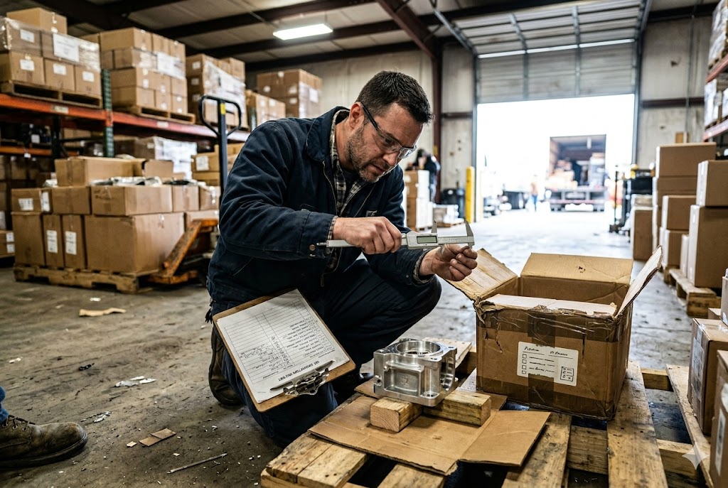 Pre-Shipment Quality Inspection Quality inspector measuring custom machined metal part with digital caliper in warehouse (ID#4)