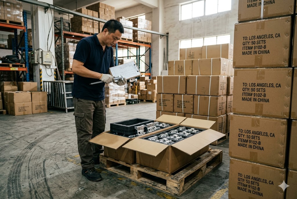 China Parts Export Inspection Pre-shipment inspector checking custom mechanical parts packed for Los Angeles export (ID#4)