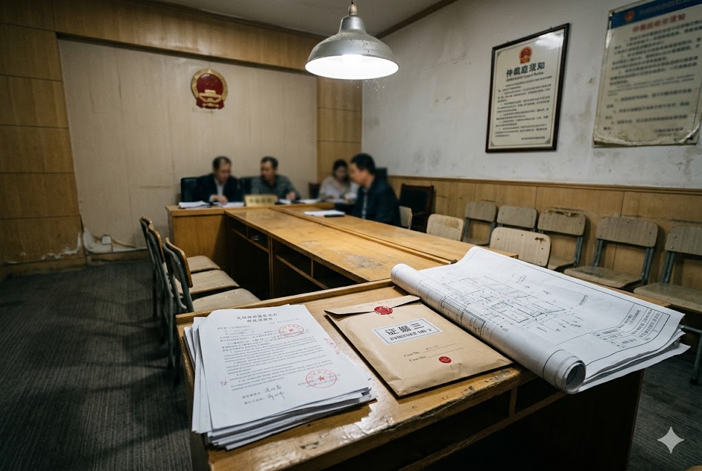 Contract Dispute Resolution Chinese arbitration hearing room with contract evidence files and engineering drawings (ID#4)