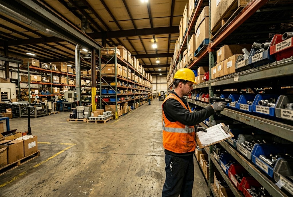Parts Warehouse Inventory Check Warehouse worker conducting inventory check of custom mechanical parts on storage shelves (ID#4)