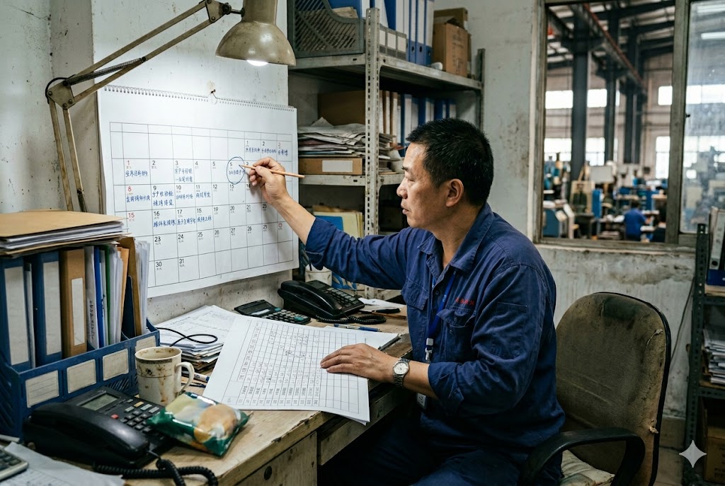 Production Schedule Management Factory project manager scheduling production timeline for custom mechanical parts (ID#4)