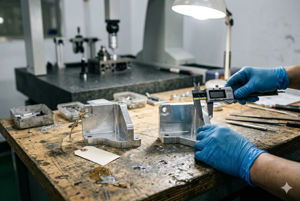 Custom Parts Inspection Quality inspector measuring custom CNC machined aluminum parts with digital caliper (ID#4)