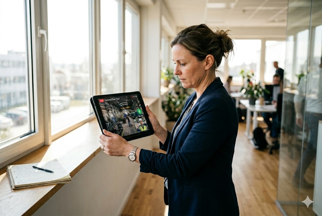 Remote Factory Audit Purchasing manager remotely monitoring China mechanical parts supplier factory audit via tablet (ID#4)