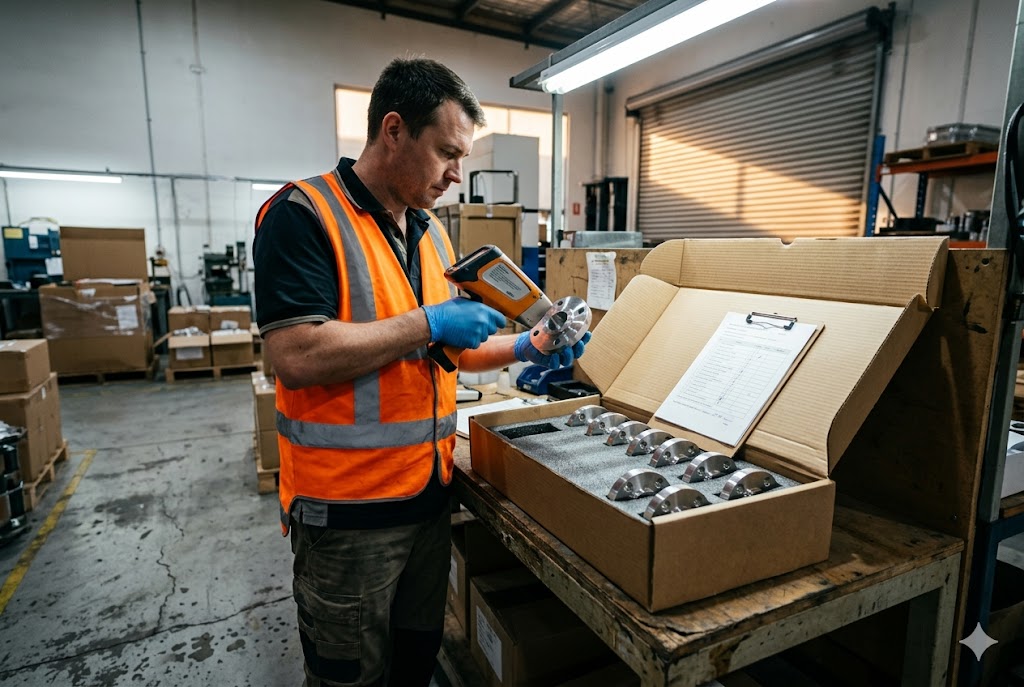 Pre-Shipment Quality Check Pre-shipment inspector scanning custom machined parts before export packaging (ID#4)
