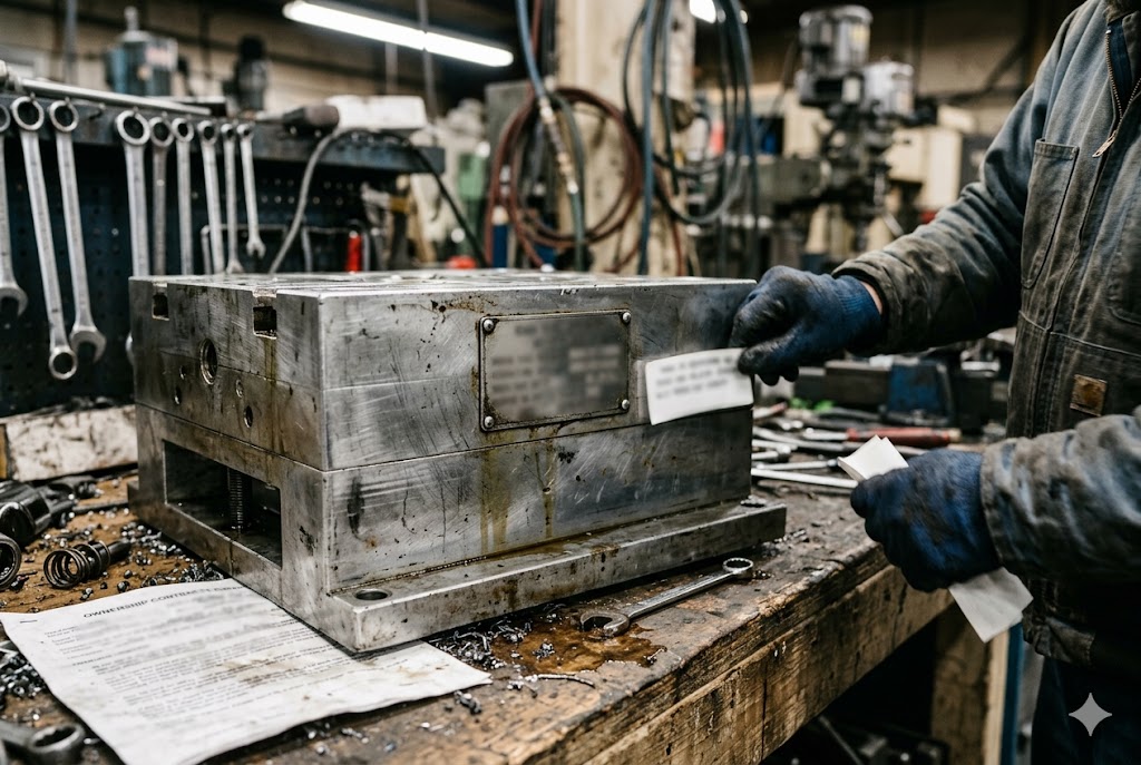 Custom Mold Inspection Factory technician inspecting custom metal mold in manufacturing workshop (ID#4)