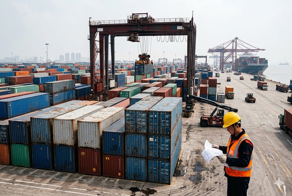 China Export Logistics Port Logistics coordinator overseeing container shipping at China export port (ID#4)