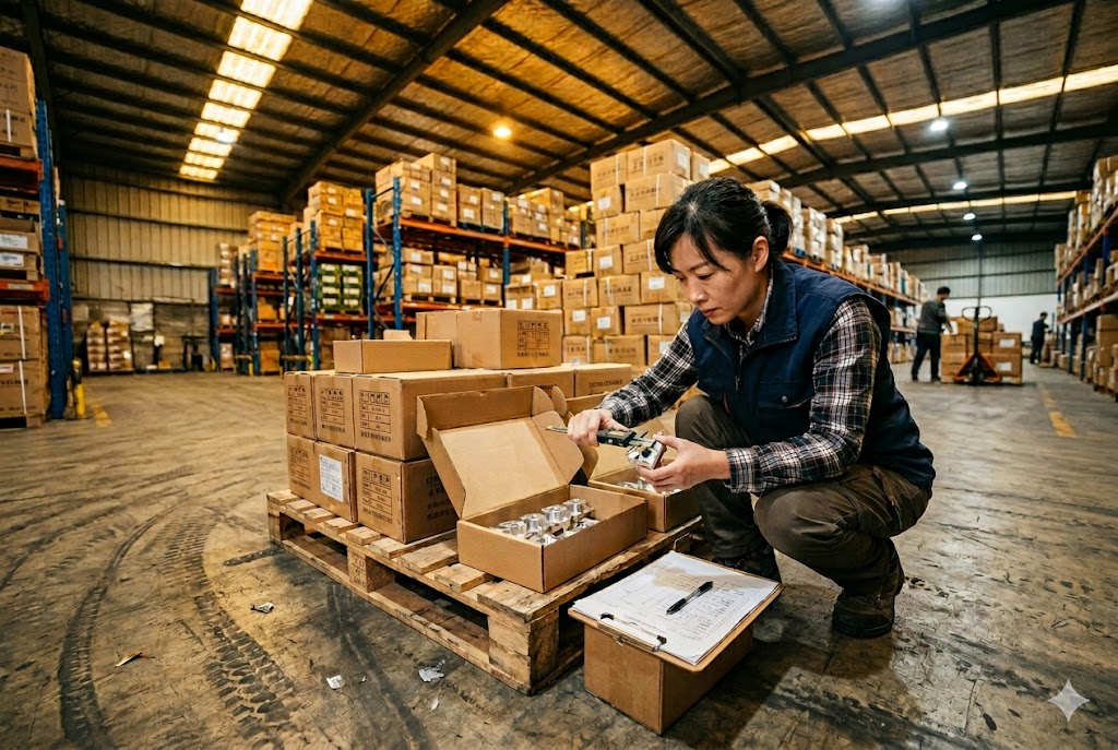 Pre-Shipment Quality Inspection Pre-shipment inspector measuring custom mechanical parts with calipers in warehouse (ID#4)