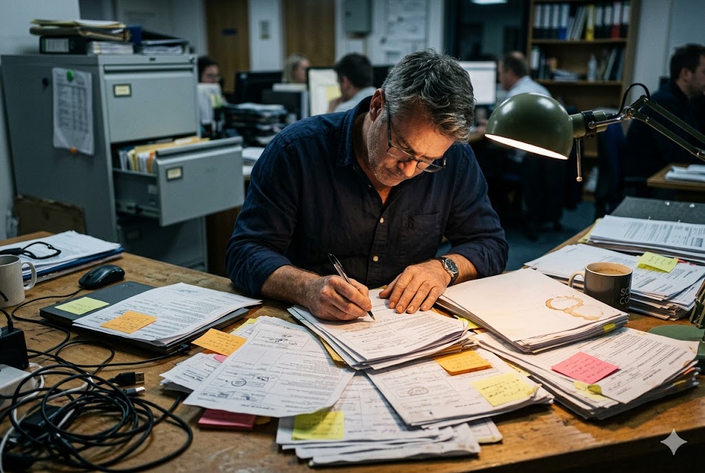 Order Project Management Project manager reviewing custom mechanical parts order documentation at busy office desk (ID#4)