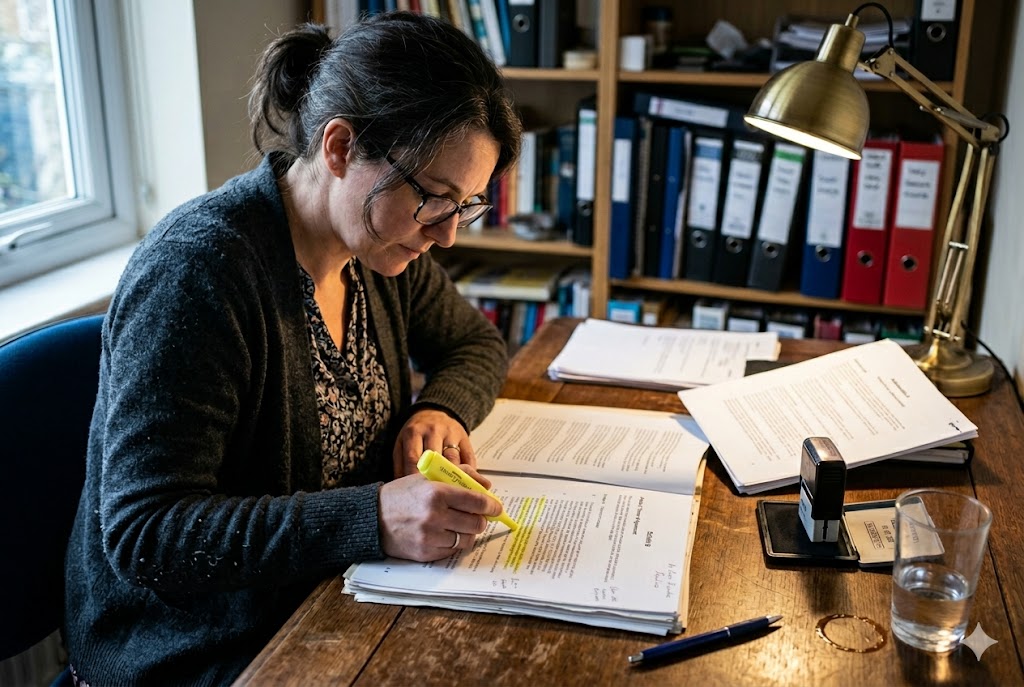 Contract Review Process Purchasing manager highlighting contract terms for custom mechanical parts order review (ID#4)