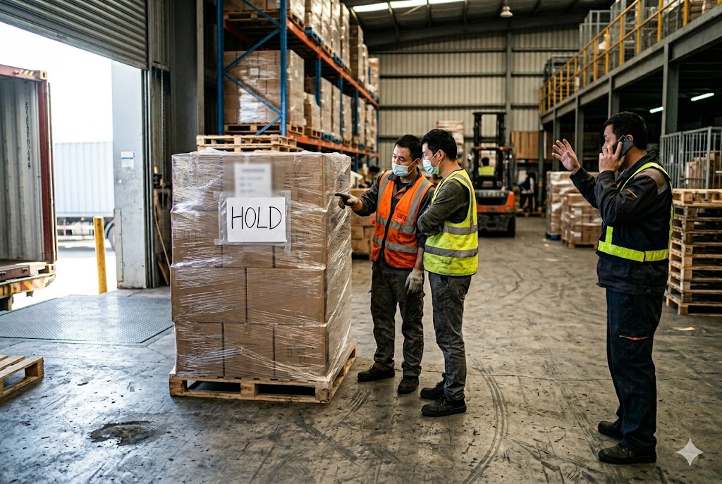Shipment Hold Inspection Warehouse team placing hold on palletized shipment during pre-shipment inspection (ID#4)
