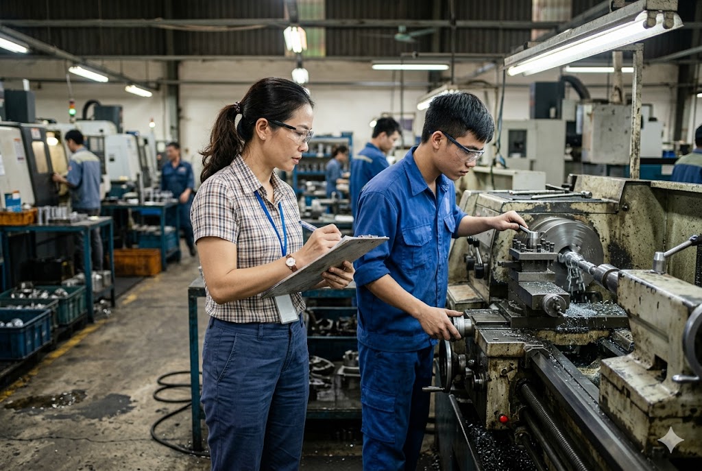 Vietnam Factory Quality Control Quality control manager supervising lathe operator in Vietnam mechanical parts factory (ID#4)