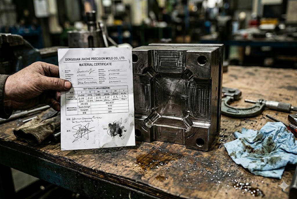Mold Quality Certification Check Material certificate held beside precision injection mold for custom mechanical part quality control (ID#4)