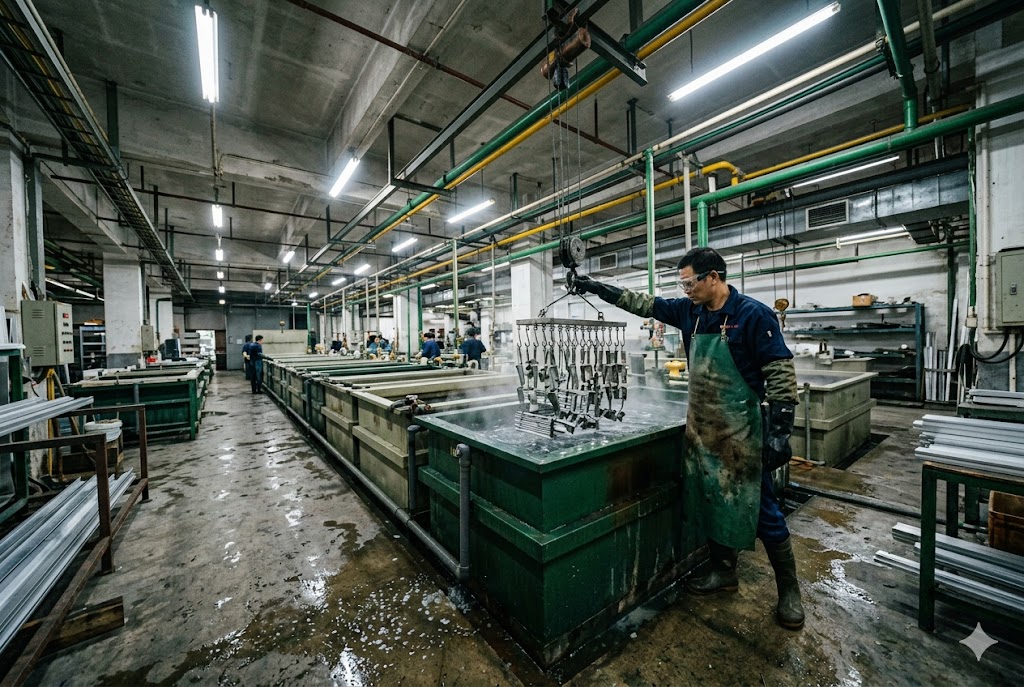 Metal Parts Plating Factory worker electroplating custom metal parts in Chinese manufacturing plant (ID#4)