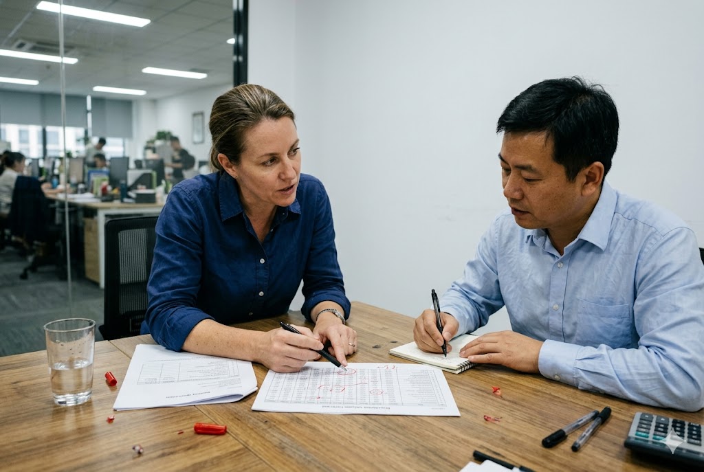 B2B Supplier Meeting US purchasing manager discussing custom mechanical parts order specs with Chinese supplier (ID#4)
