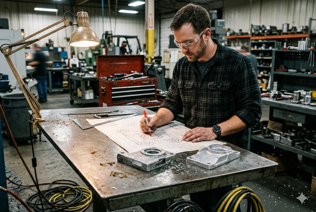 Custom Parts Drawing Review Machinist annotating technical drawing beside custom machined aluminum parts in workshop (ID#4)