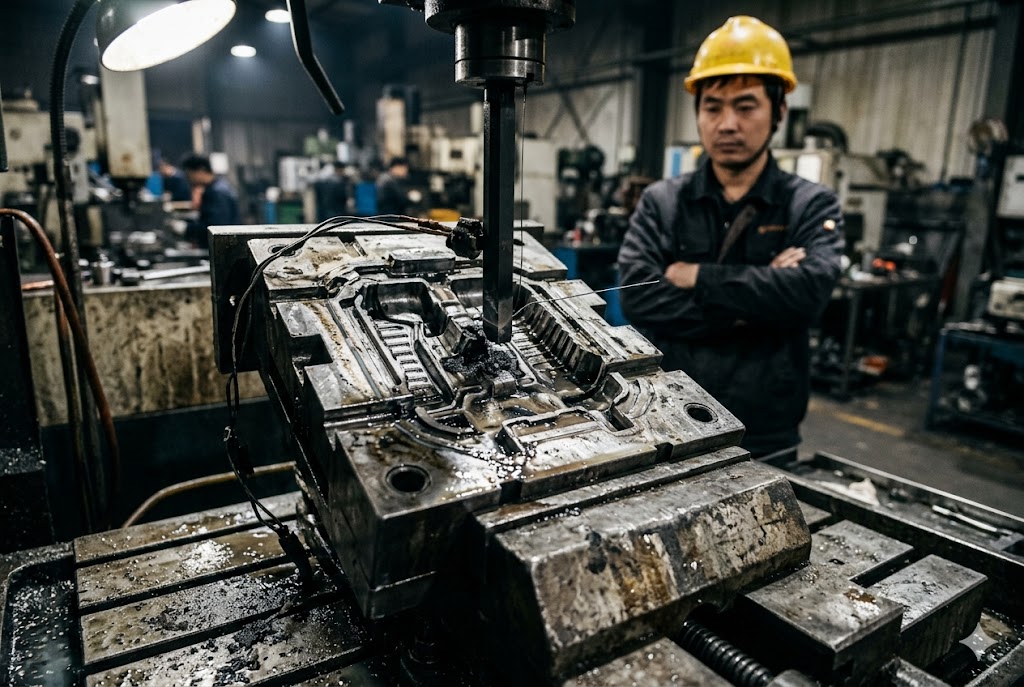 CNC Custom Mold Machining CNC milling machine cutting custom metal mold while engineer supervises in workshop (ID#4)