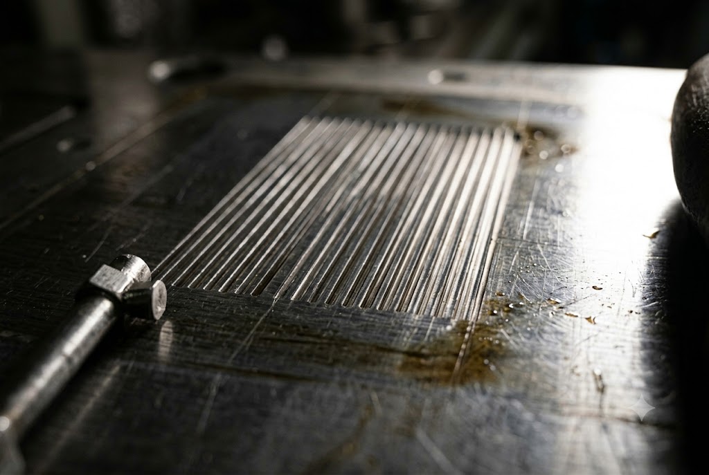 Precision Machined Steel Part Close-up of precision-machined linear grooves on custom steel mechanical part (ID#4)