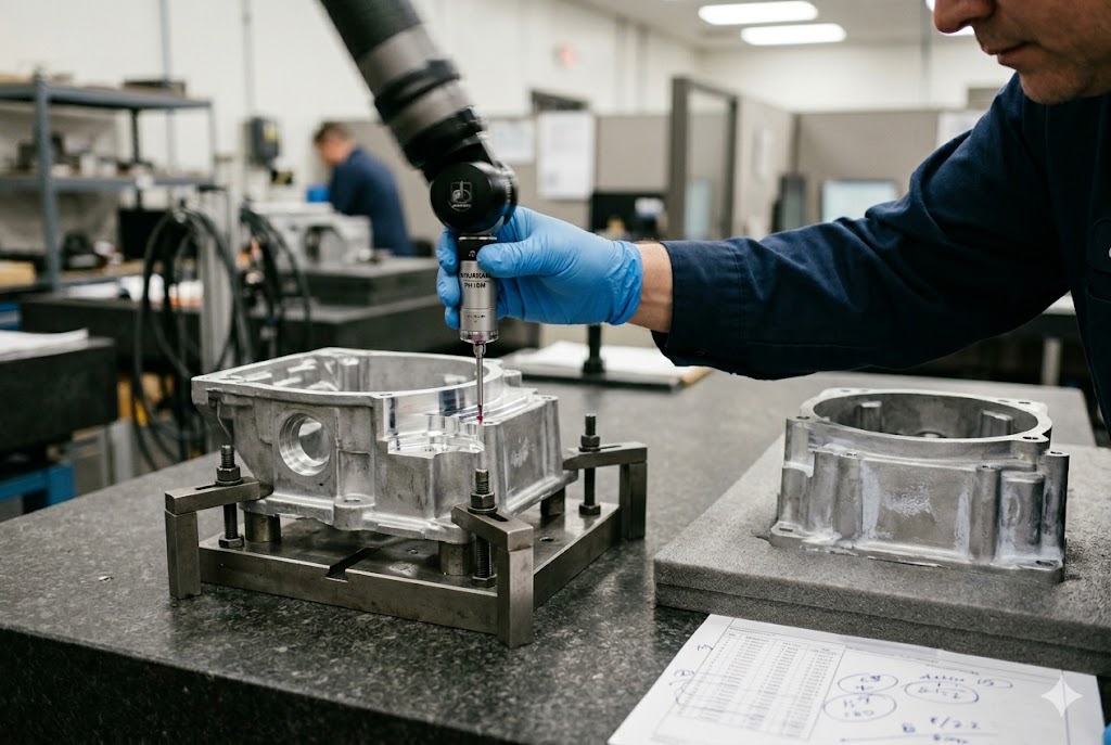 Precision Parts Inspection Technician performing CMM dimensional inspection on custom machined aluminum housing (ID#4)