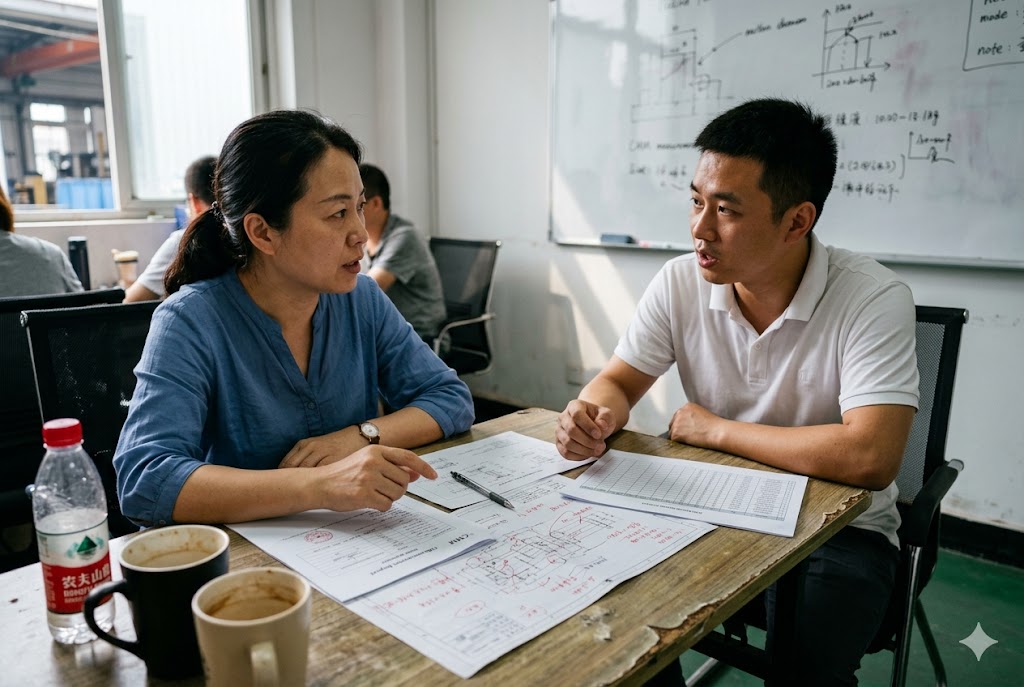 Factory Engineering Consultation Supplier engineer and client discussing custom mechanical part drawings at factory (ID#4)