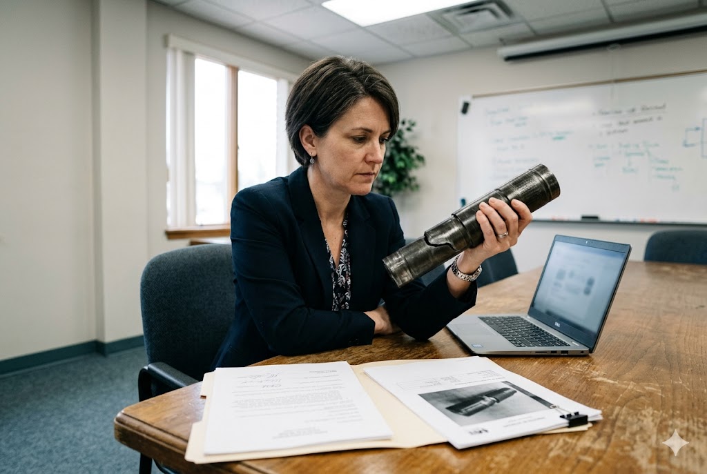 Buyer Reviewing Custom Parts Purchasing manager examining custom mechanical part with technical drawings and laptop (ID#4)