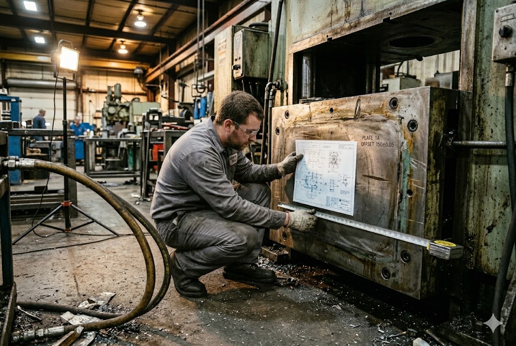 Mold Drawing Verification Technician verifying custom mold dimensions against engineering drawing in workshop (ID#4)