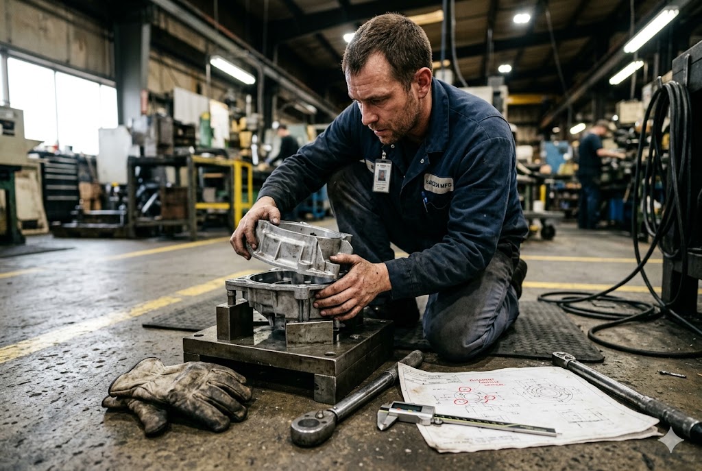 Custom Parts Assembly Factory worker assembling custom machined metal component using engineering drawings (ID#4)