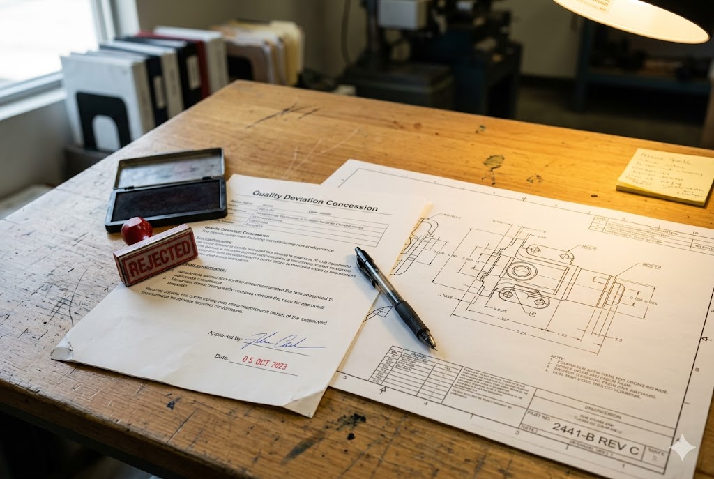 Quality Deviation Control Quality deviation concession form with rejected stamp beside precision mechanical engineering drawing (ID#4)