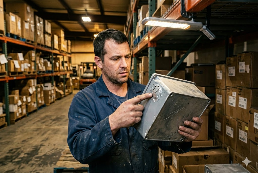 Custom Parts Warehouse Inspection Warehouse technician inspecting custom metal enclosure under light in parts storage facility (ID#4)