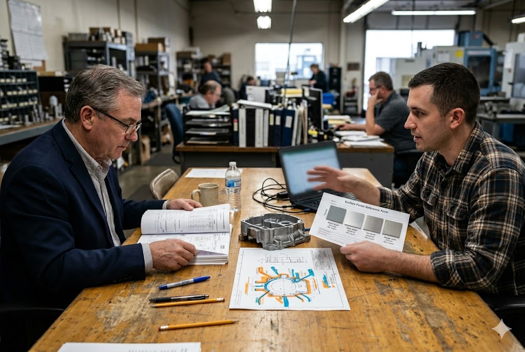 Engineering Design Review Engineers reviewing mechanical drawing and surface finish specs for custom parts (ID#4)