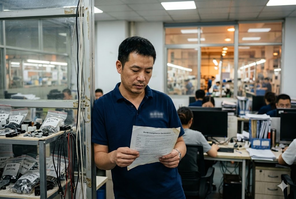 Compliance Review China Luckym project manager reviewing RoHS compliance declaration at supplier factory (ID#4)