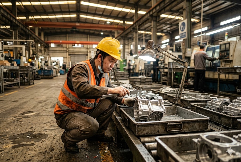 Custom Parts Manufacturing China Factory worker measuring precision cast mechanical parts on China production floor (ID#4)