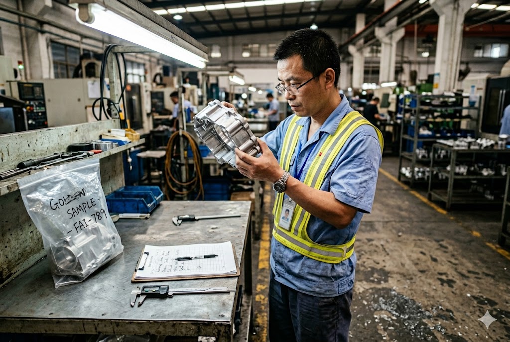 Factory Parts Inspection Quality control engineer inspecting custom CNC machined part at China factory (ID#4)