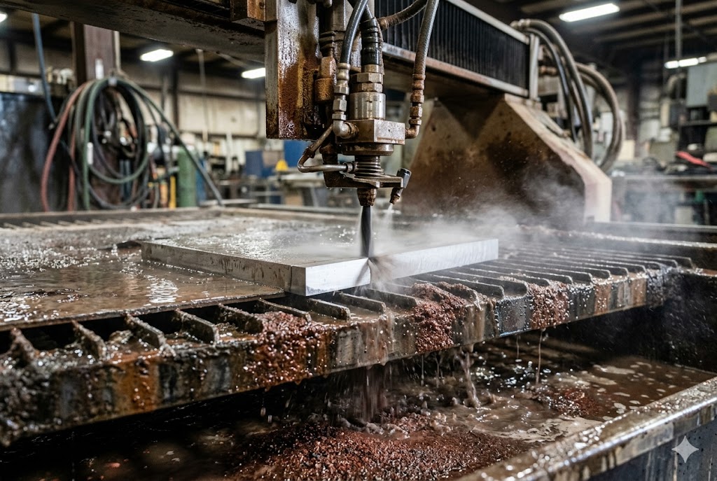 Waterjet Metal Cutting High-pressure waterjet cutting machine precision-cutting steel plate in mechanical parts factory (ID#4)