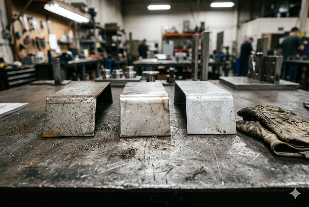 Custom Metal Parts Three custom fabricated metal bracket components on workshop bench at manufacturing facility (ID#4)