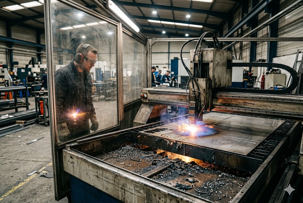 CNC Plasma Cutting Service Technician monitoring CNC plasma cutting machine producing precision metal parts (ID#4)