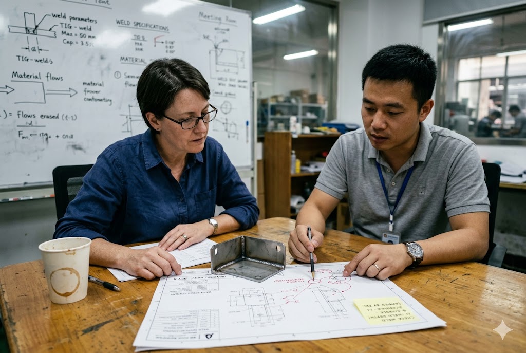 Client Supplier Collaboration B2B supplier and client reviewing custom mechanical part drawings together (ID#4)