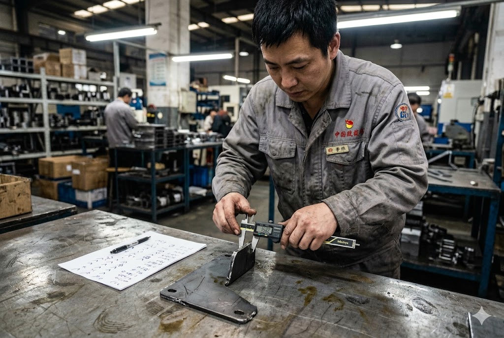 China Factory Quality Inspection Chinese factory technician measuring custom mechanical part with digital caliper (ID#4)