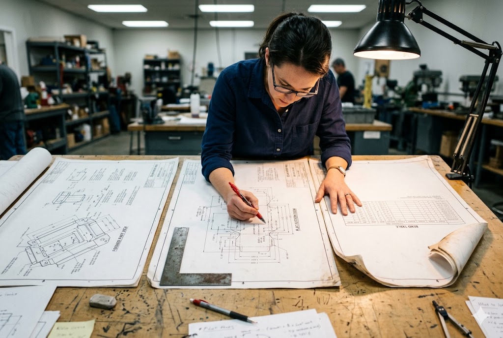 Blueprint Quality Review Female engineer annotating large-format mechanical blueprints in manufacturing workshop (ID#4)