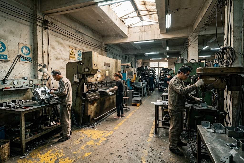 Luckym China Factory Floor Multiple workers operating heavy machinery in Chinese custom mechanical parts factory floor (ID#4)