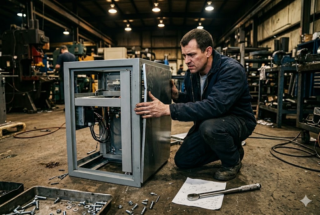 Custom Mechanical Parts Assembly Technician assembling custom mechanical enclosure unit on factory floor (ID#4)