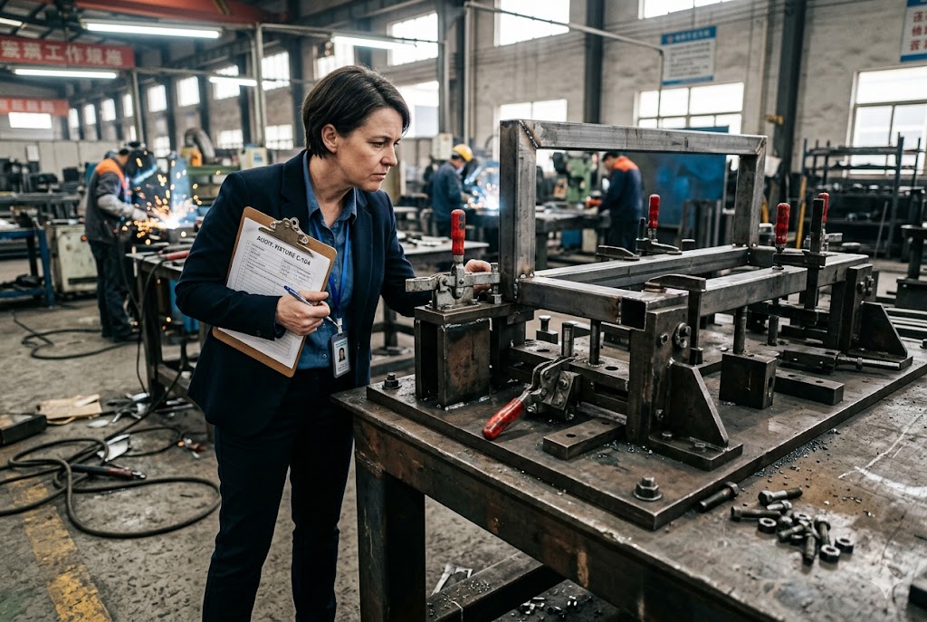 Supplier Factory Audit China Factory auditor conducting supplier quality inspection of custom mechanical fixtures (ID#4)