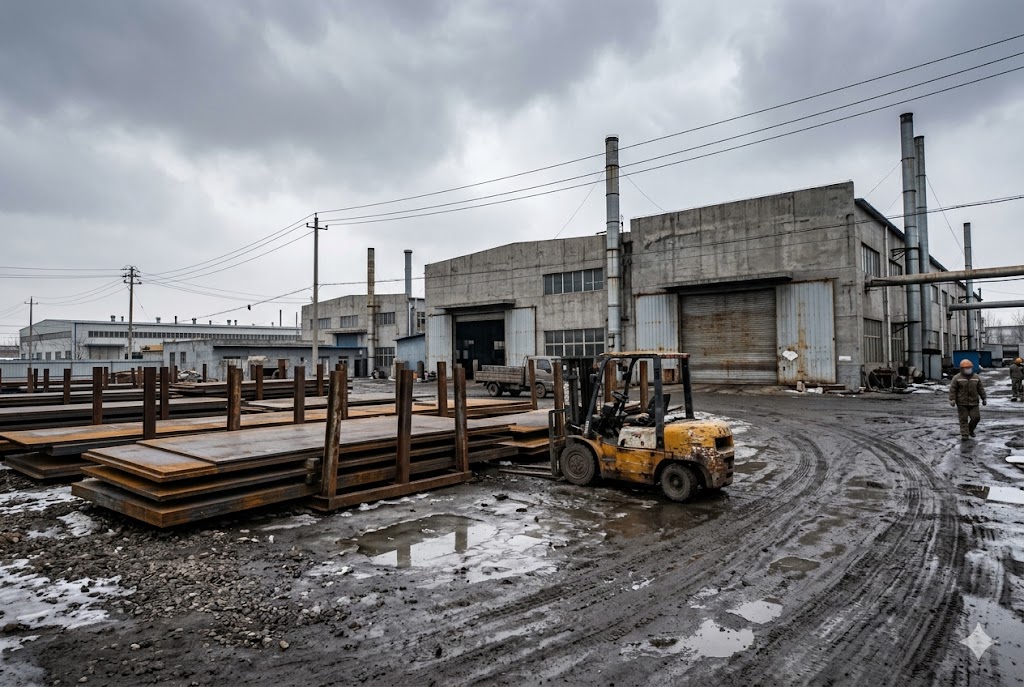 Factory Steel Yard Forklift handling steel plates outside a heavy manufacturing factory yard (ID#4)