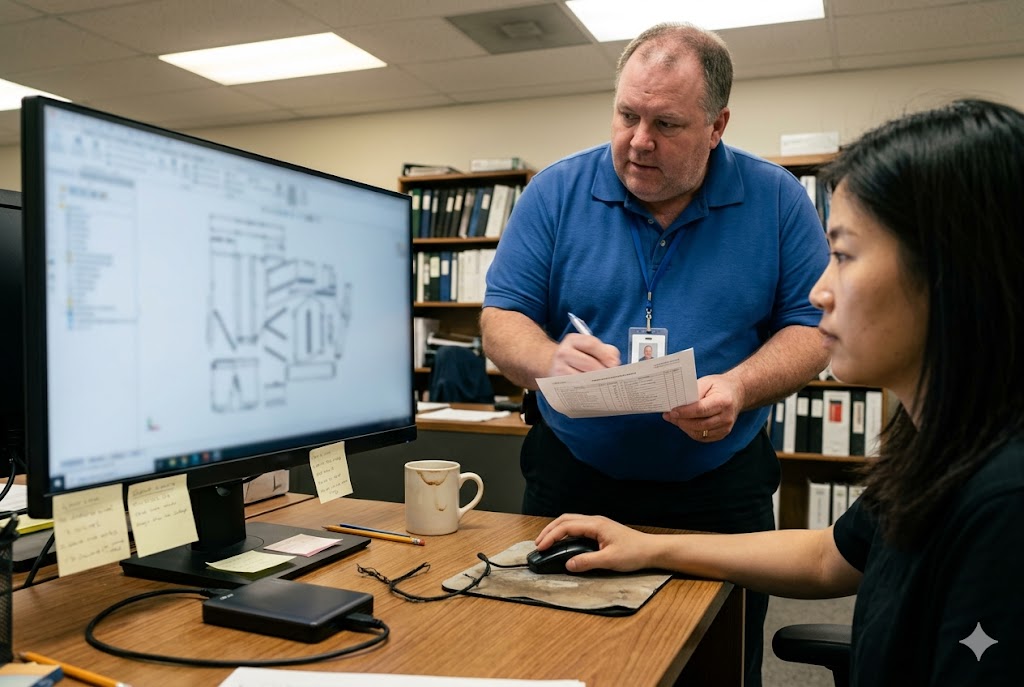 Mechanical Parts Order Review Purchasing manager reviewing mechanical CAD drawings with supply chain coordinator (ID#4)