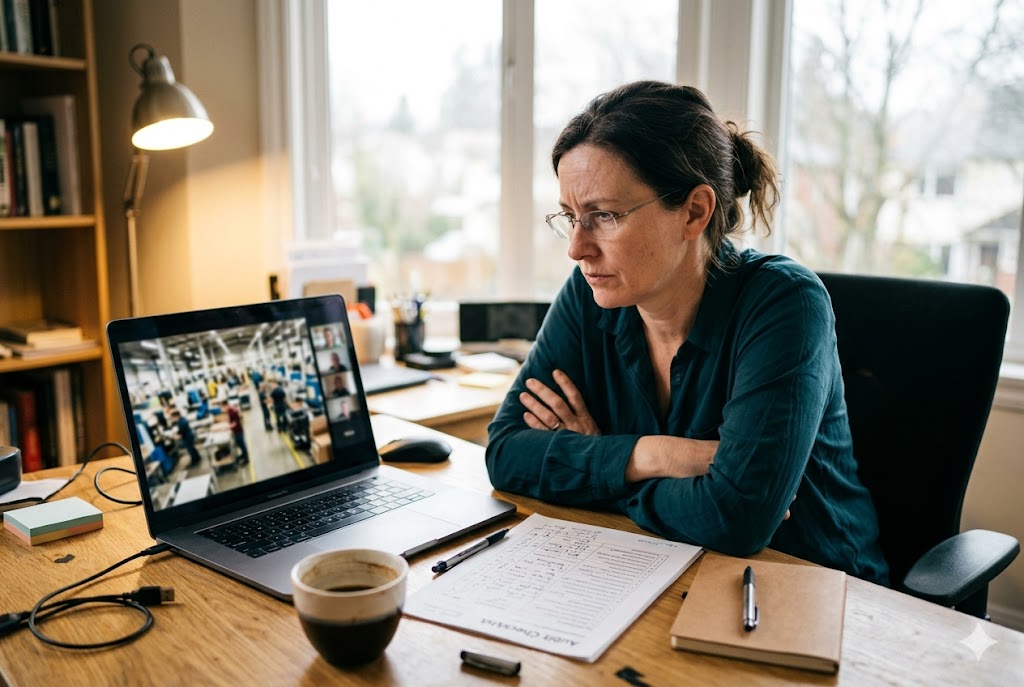 Remote Supplier Audit Review Purchasing manager conducting remote supplier factory audit via video call (ID#4)