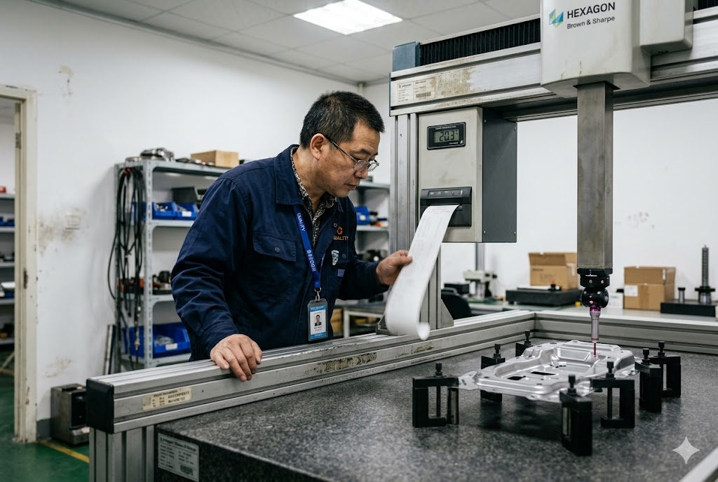 CMM Quality Control Quality engineer reviewing CMM inspection report for custom machined parts (ID#4)