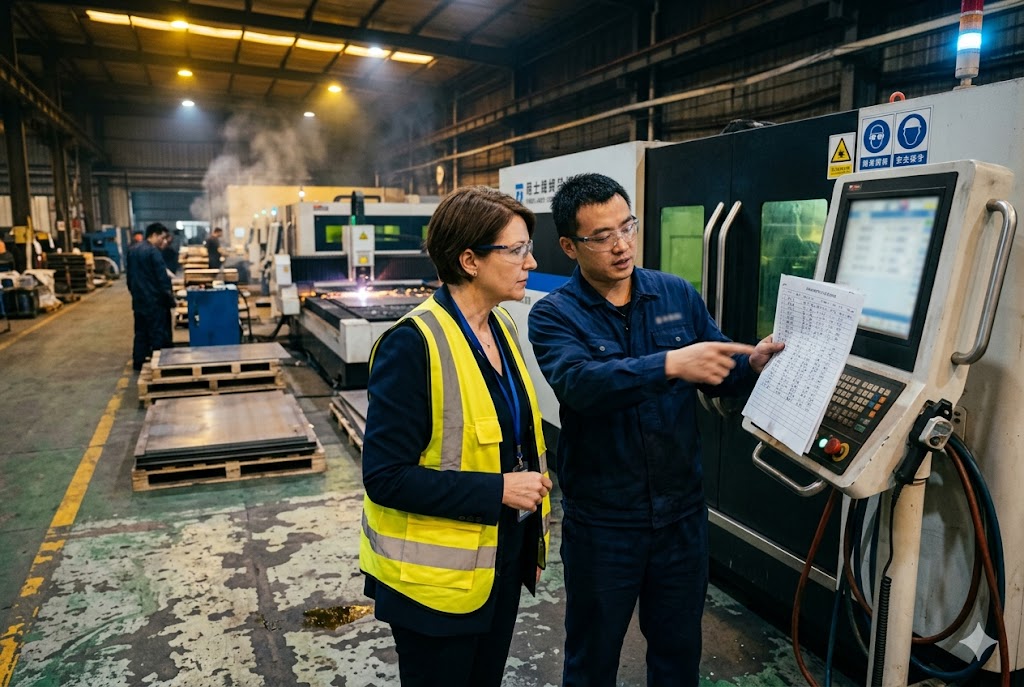 Factory Audit Supplier Visit Purchasing manager and engineer reviewing CNC machining specs during China factory audit (ID#4)